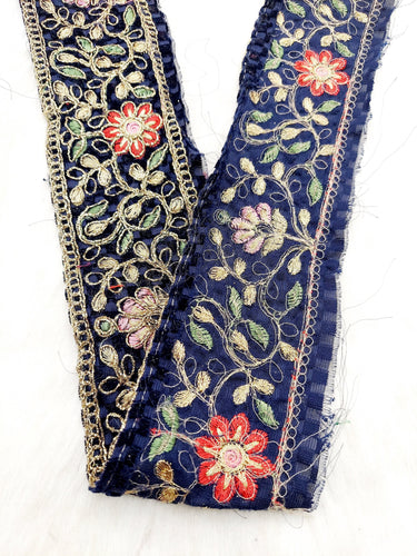 Navy Blue Chequered Velvet Trim In Gold Floral Embroidery, Gota Patti Edging Trim, Trim By Yard Decorative Trimming, Embroidered Trim